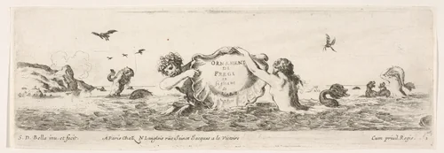 Frieze with a Triton and Mermaid holding up a Shell, title page from "Decorative friezes and foliage" (Ornamenti di fregi e fogliami) by Stefano della Bella, print, 1645-1650