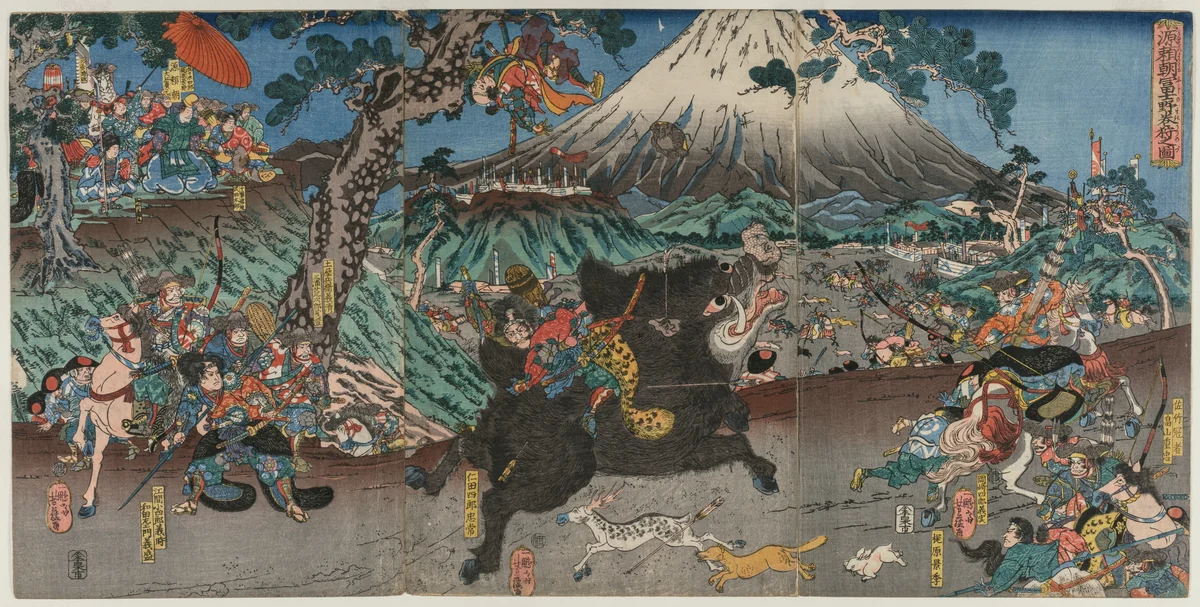Picture of Minamoto no Yoritomo's Hunt on the Slopes of Mount Fuji by Utagawa Yoshifuji, print, 1844-1847