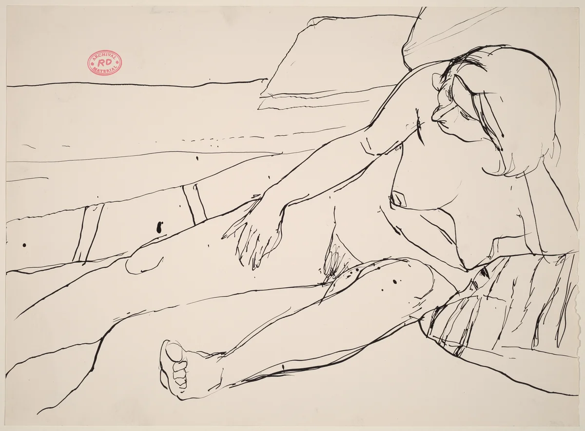 Untitled [reclining nude stretching out her right leg] by Richard Diebenkorn, drawing, 1955-1967