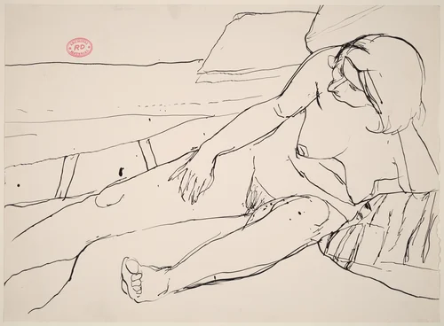 Untitled [reclining nude stretching out her right leg] by Richard Diebenkorn, drawing, 1955-1967