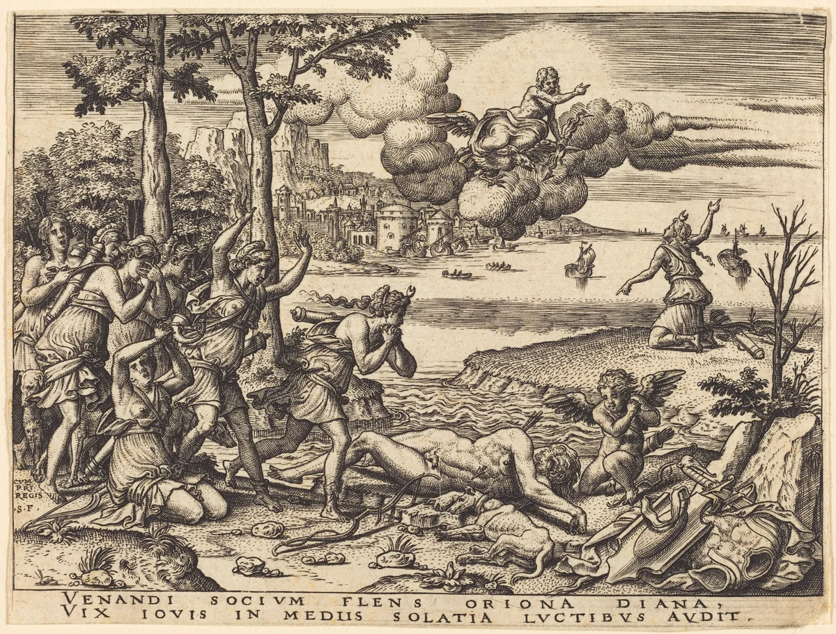 Diana Mourning the Death of Orion by Etienne Delaune, print, 1519-1583