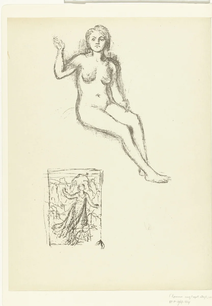 Zittende naakte vrouw en vrouw in landschap by Pierre Puvis de Chavannes, print, 1895