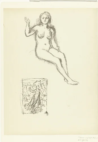 Zittende naakte vrouw en vrouw in landschap by Pierre Puvis de Chavannes, print, 1895