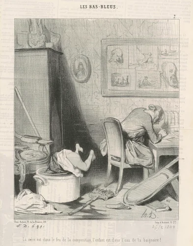 La mère dans le feu de la composition, l'enfant est dans l'eau de la baignoire! by Honoré Daumier, print, 1844