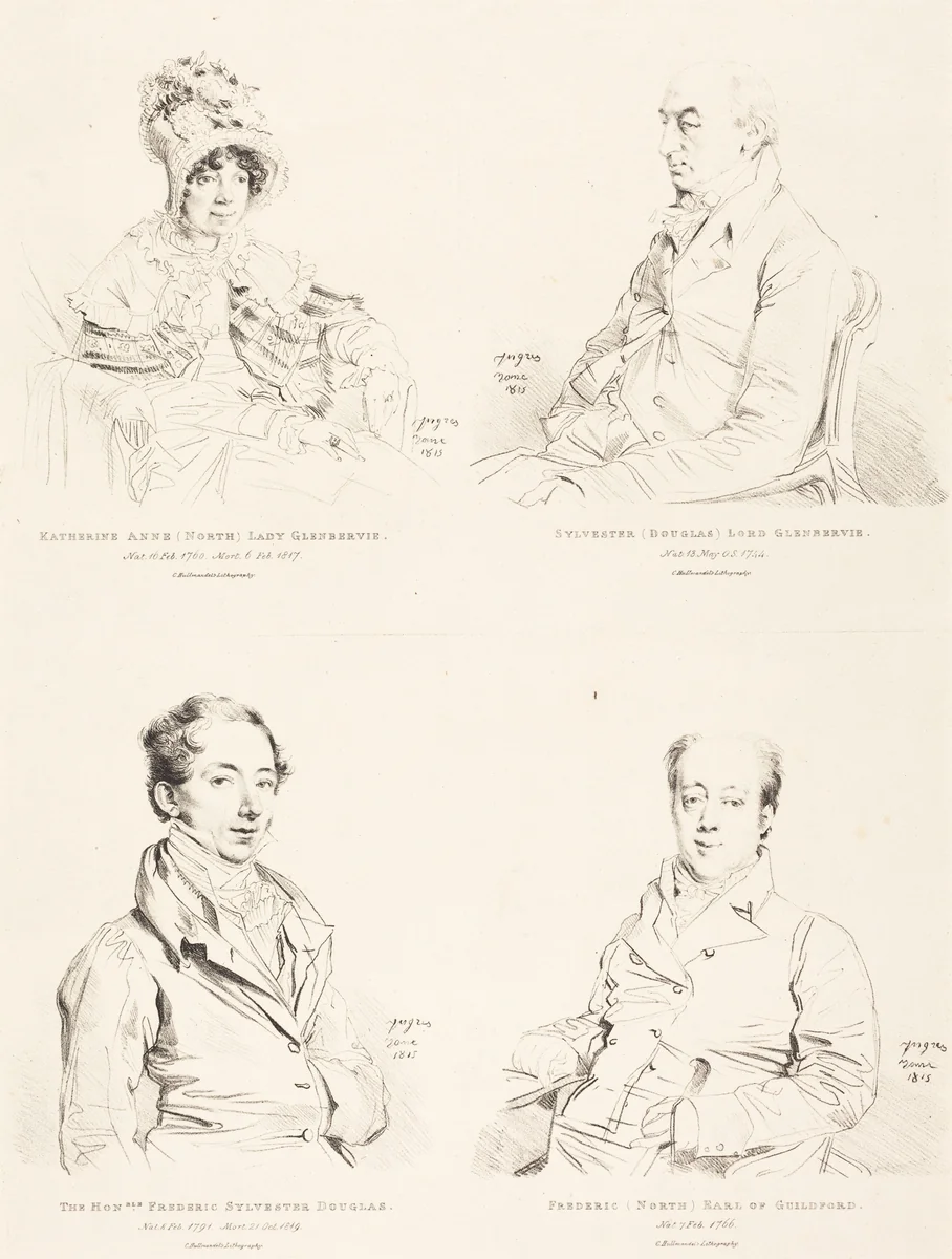 Sylvester (Douglas) Lord Glenbervie; Katherine Anne (North) Glenbervie; Frederic (North) Earl of Guilford; Frederic Sylvester Douglas by Jean-Auguste-Dominique Ingres, print, 1815