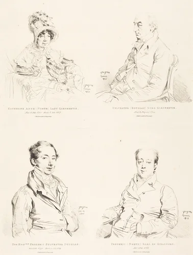 Sylvester (Douglas) Lord Glenbervie; Katherine Anne (North) Glenbervie; Frederic (North) Earl of Guilford; Frederic Sylvester Douglas by Jean-Auguste-Dominique Ingres, print, 1815