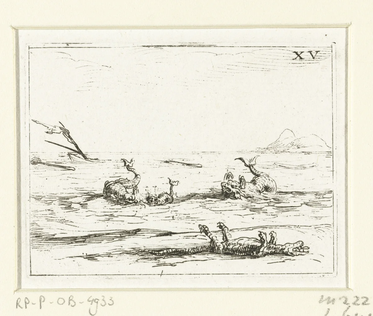 Drie dolfijnen en een dode krokodil by Jacques Callot, print, 1625-1629