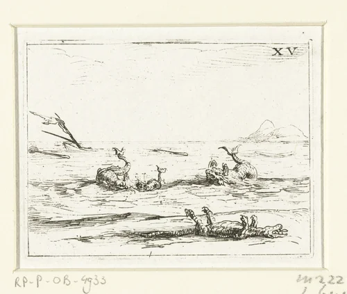 Drie dolfijnen en een dode krokodil by Jacques Callot, print, 1625-1629