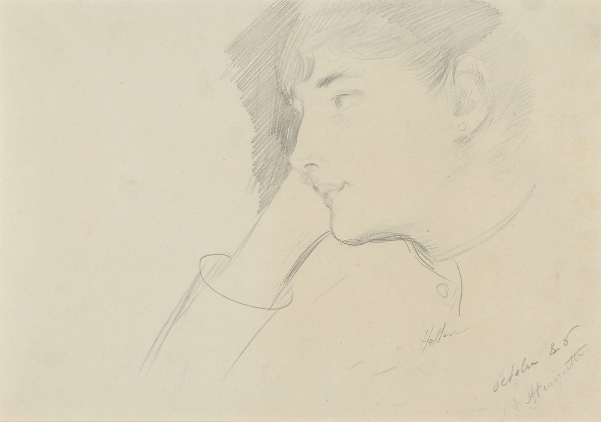 Kop van een peinzende dame met het hoofd op de hand gesteund by Paul César Helleu, drawing, 1886