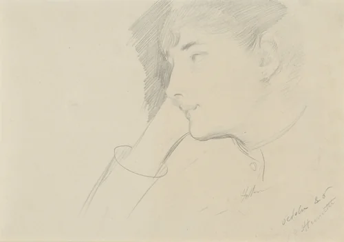 Kop van een peinzende dame met het hoofd op de hand gesteund by Paul César Helleu, drawing, 1886