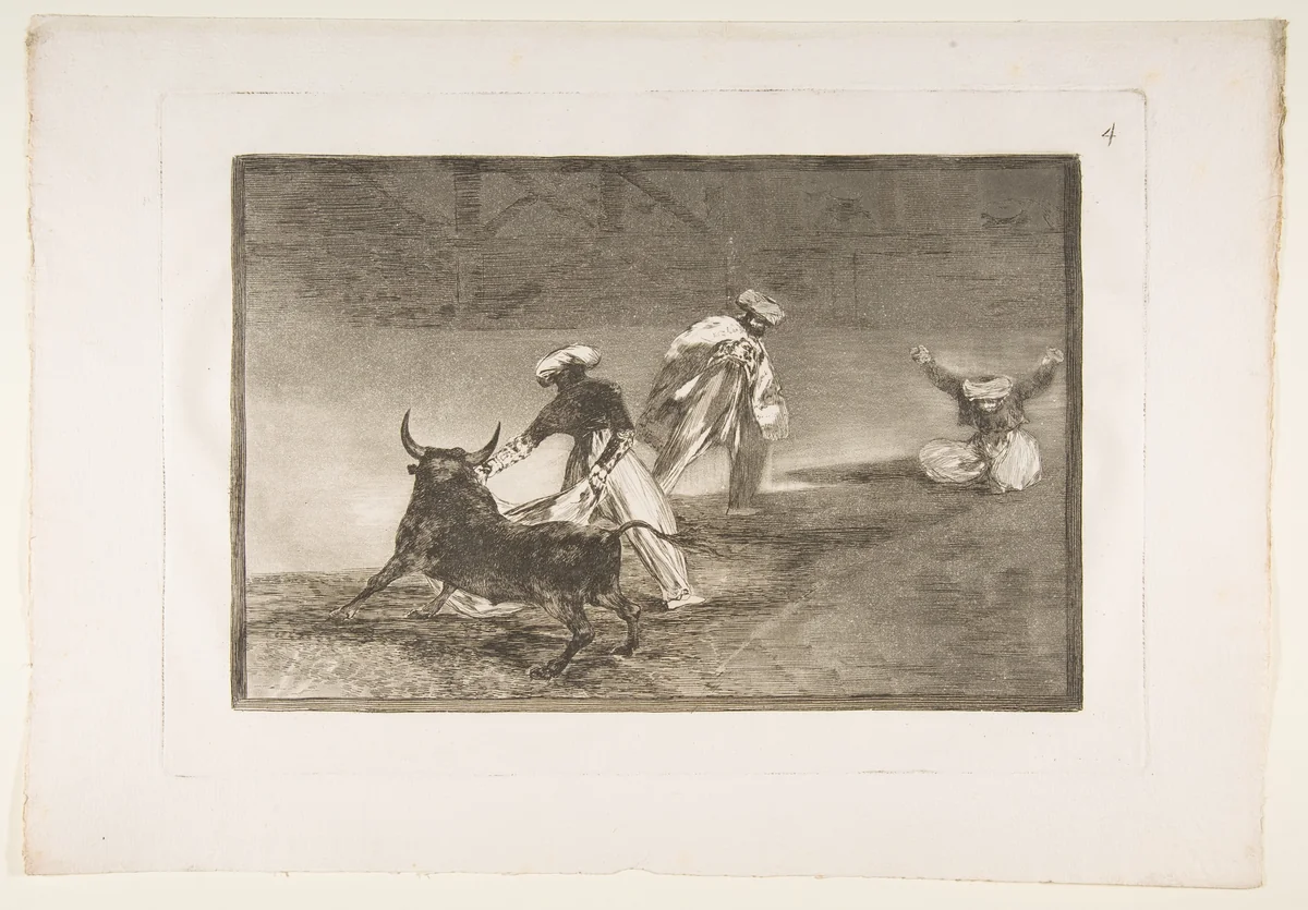 Plate 4 from "La Tauromaquia": They play another with the cape in an enclosure by Goya, print, 1816