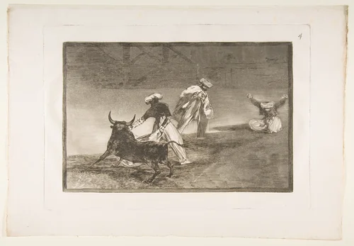 Plate 4 from "La Tauromaquia": They play another with the cape in an enclosure by Goya, print, 1816