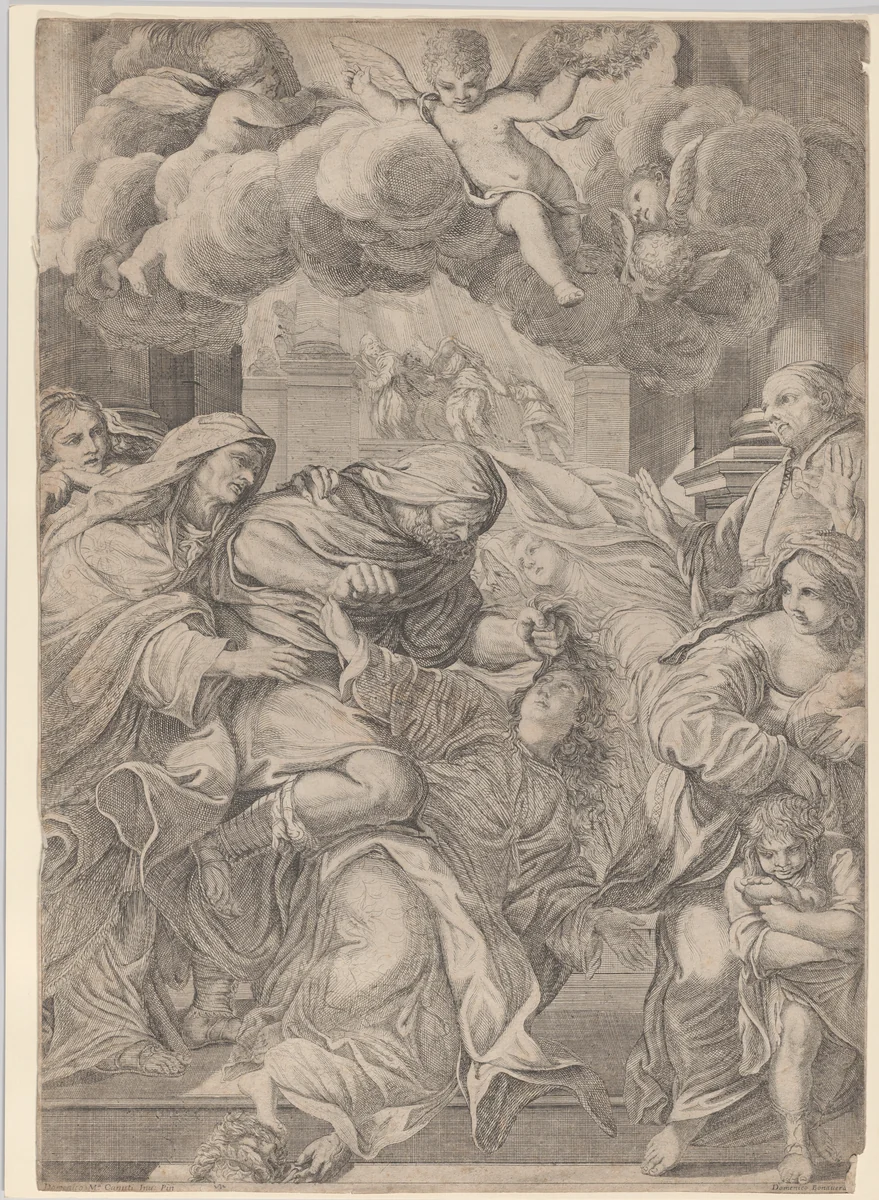The Martyrdom of Saint Christina, whose hair is pulled by a bearded torturer by Domenico Maria Bonavera, print, 1673-1731