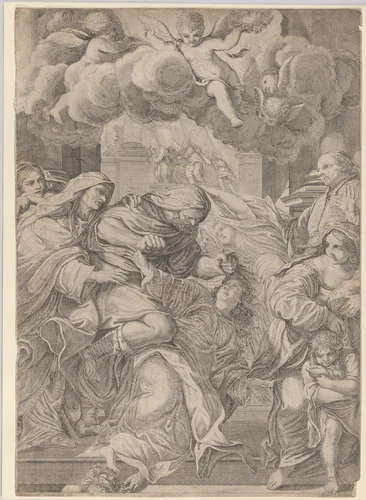 The Martyrdom of Saint Christina, whose hair is pulled by a bearded torturer by Domenico Maria Bonavera, print, 1673-1731