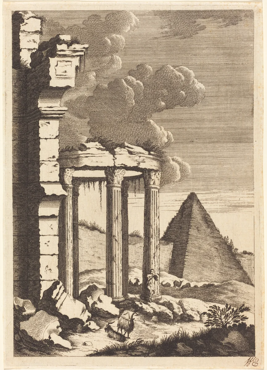 Goats before Ruins and a Pyramid by Bernhard Zaech; Jonas Umbach, print, 1570-1710