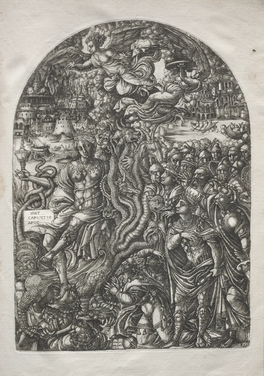 The Apocalypse: Babylon the Harlot, Seated on the Seven-headed Beast by Jean Duvet, print, 1546-1556