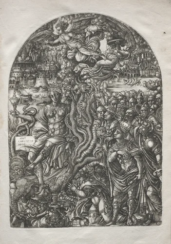 The Apocalypse: Babylon the Harlot, Seated on the Seven-headed Beast by Jean Duvet, print, 1546-1556
