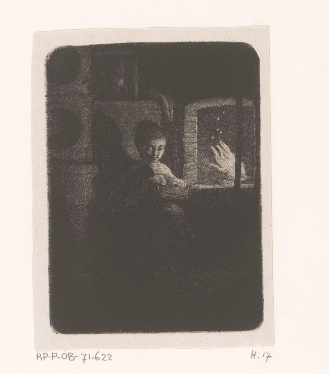 Lezend meisje bij vuur by Jean Pierre Norblin de la Gourdaine, print, 1755-1830
