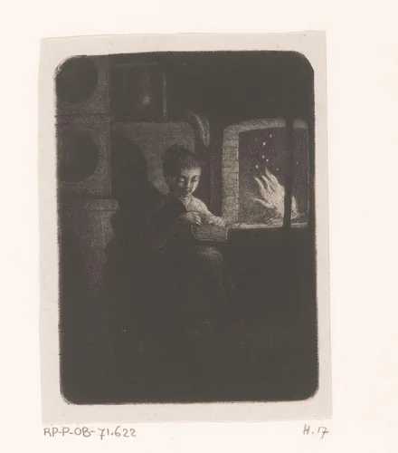 Lezend meisje bij vuur by Jean Pierre Norblin de la Gourdaine, print, 1755-1830