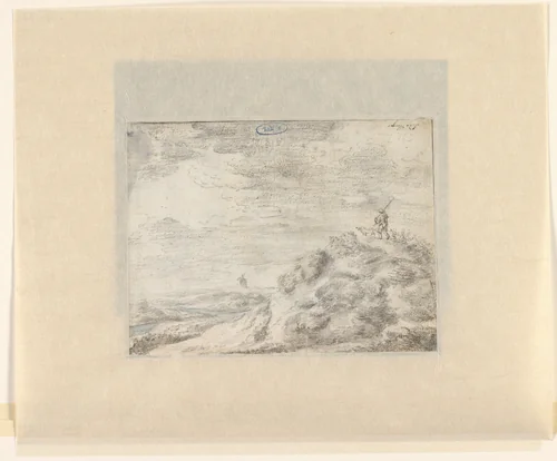 Duinlandschap met een jager en zijn hond by Simon de Vlieger, drawing, 1610-1653