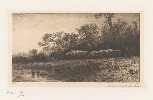 Cattle at Dusk by Charles Émile Jacque, print, 1850
