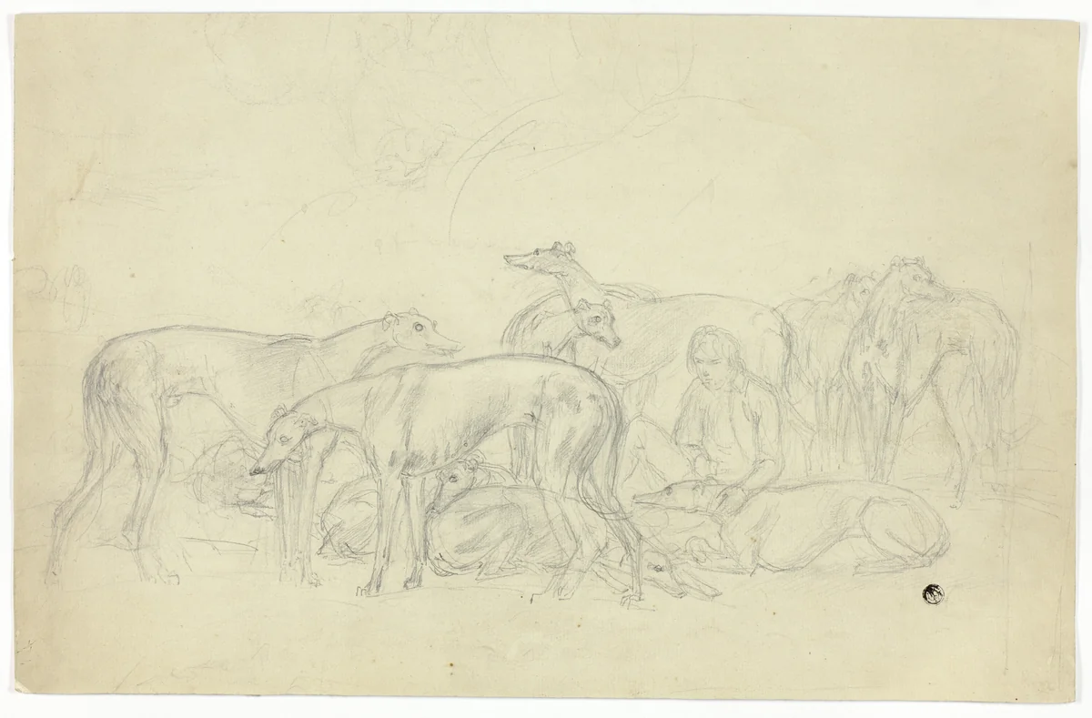 Greyhounds and Their Keeper by Sawrey Gilpin or James Ward, drawing, 1750-1859