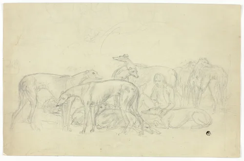 Greyhounds and Their Keeper by Sawrey Gilpin or James Ward, drawing, 1750-1859