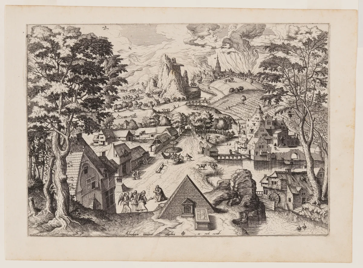 Abraham Entertaining Angels, from Landscapes with Biblical Subjects and Saints by Johannes van Doetecum, print, 1557-1567