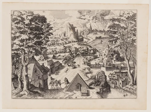 Abraham Entertaining Angels, from Landscapes with Biblical Subjects and Saints by Johannes van Doetecum, print, 1557-1567