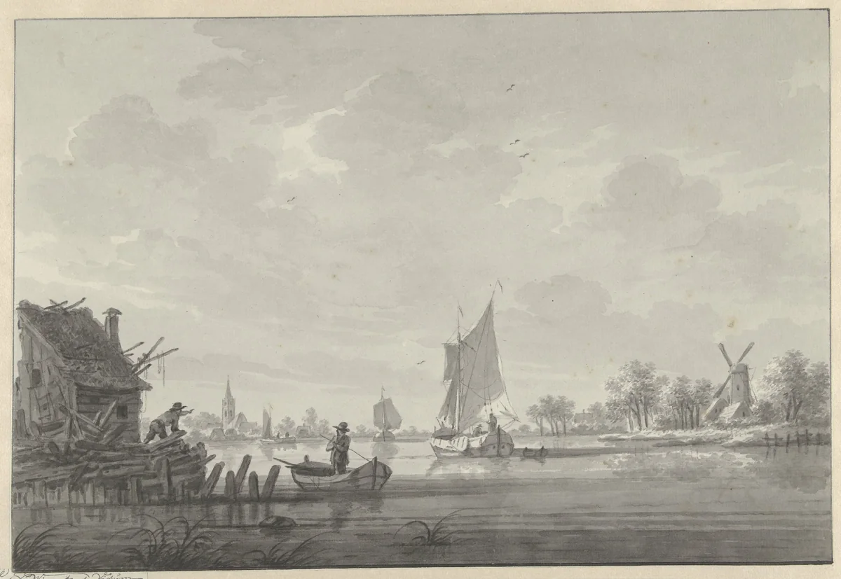 Het dorp Zijp aan de Lek, met zeilschepen op de rivier by Nicolaas Wicart, drawing, 1758-1815