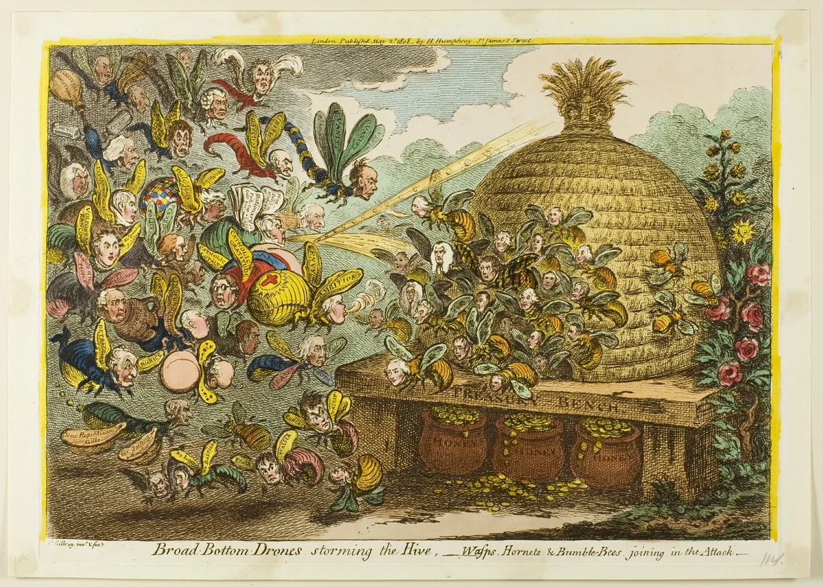 Broad Bottom Drones Storming the Hive by James Gillray, print, 1808