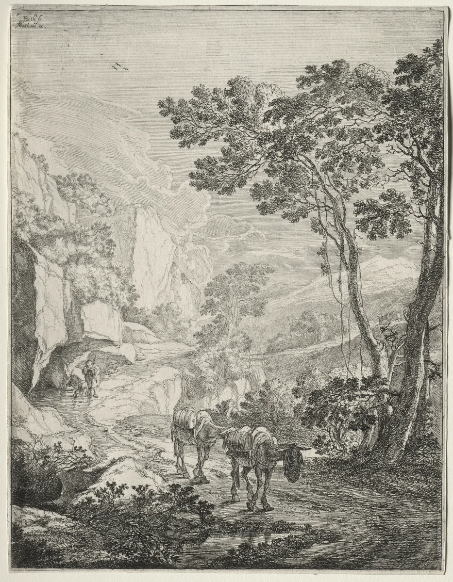 The Two Mules. Rocca Aquatico near Ancona by Jan Both, print, 1636-1652