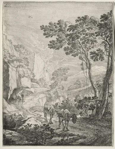 The Two Mules. Rocca Aquatico near Ancona by Jan Both, print, 1636-1652