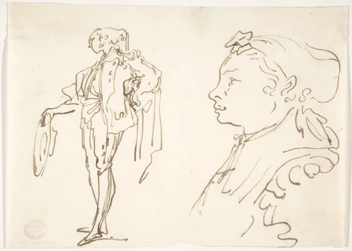 Studies of a standing man holding a hat and a girl in profile by Luis Paret y Alcázar, drawing, 1761-1771