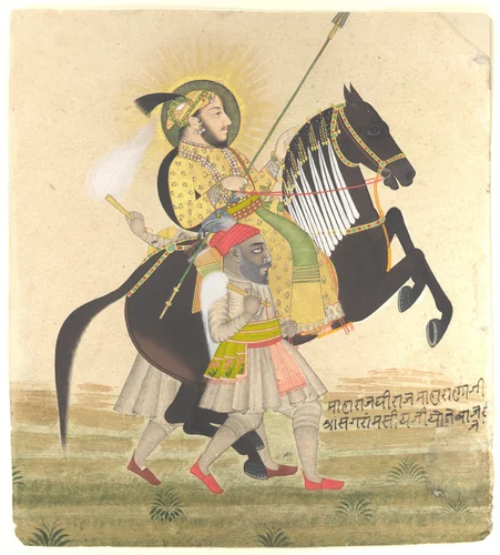 Maharana Sangram Singh Riding a Prize Stallion by Stipple Master, painting, 1712