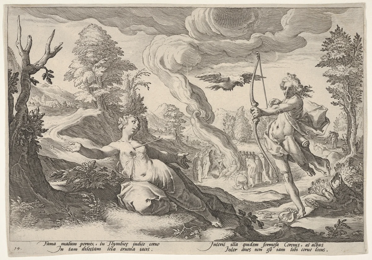 Apollo and Coronis by Robert Willemsz. de Baudous, print, 1565-1750