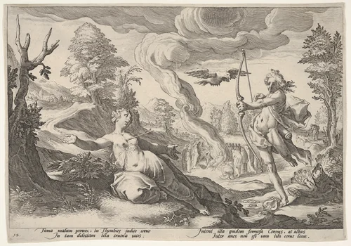 Apollo and Coronis by Robert Willemsz. de Baudous, print, 1565-1750