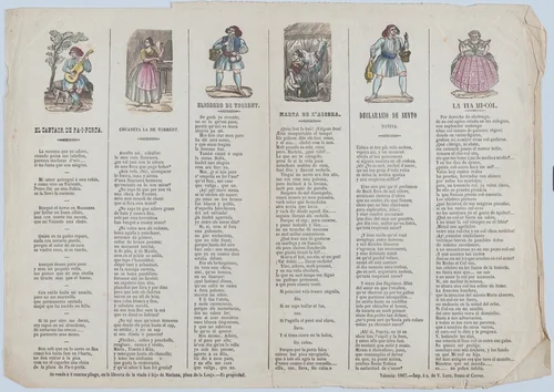 Two sheets (printed as one) with verses in Valencian for masquerades by Rafael Mariana, print, 1867