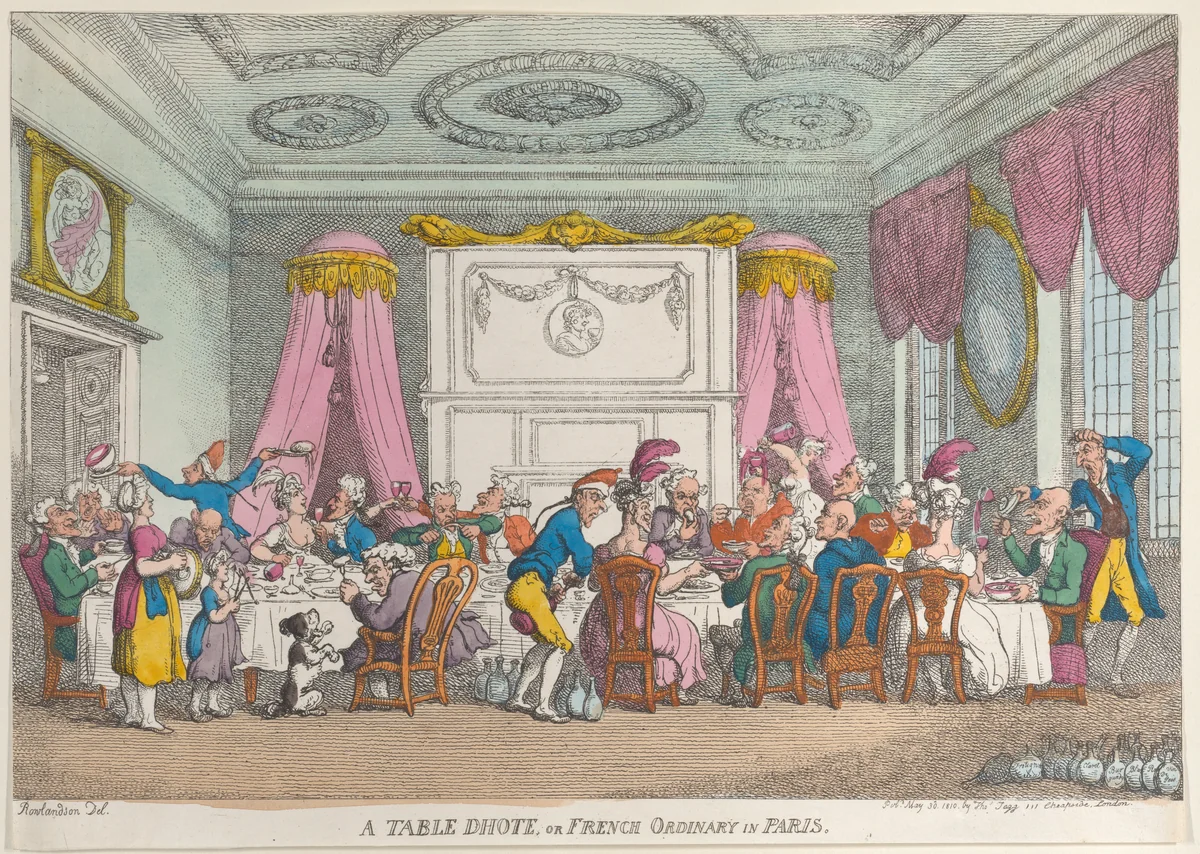 A Table D'Hote or French Ordinary in Paris by Thomas Rowlandson, print, 1810