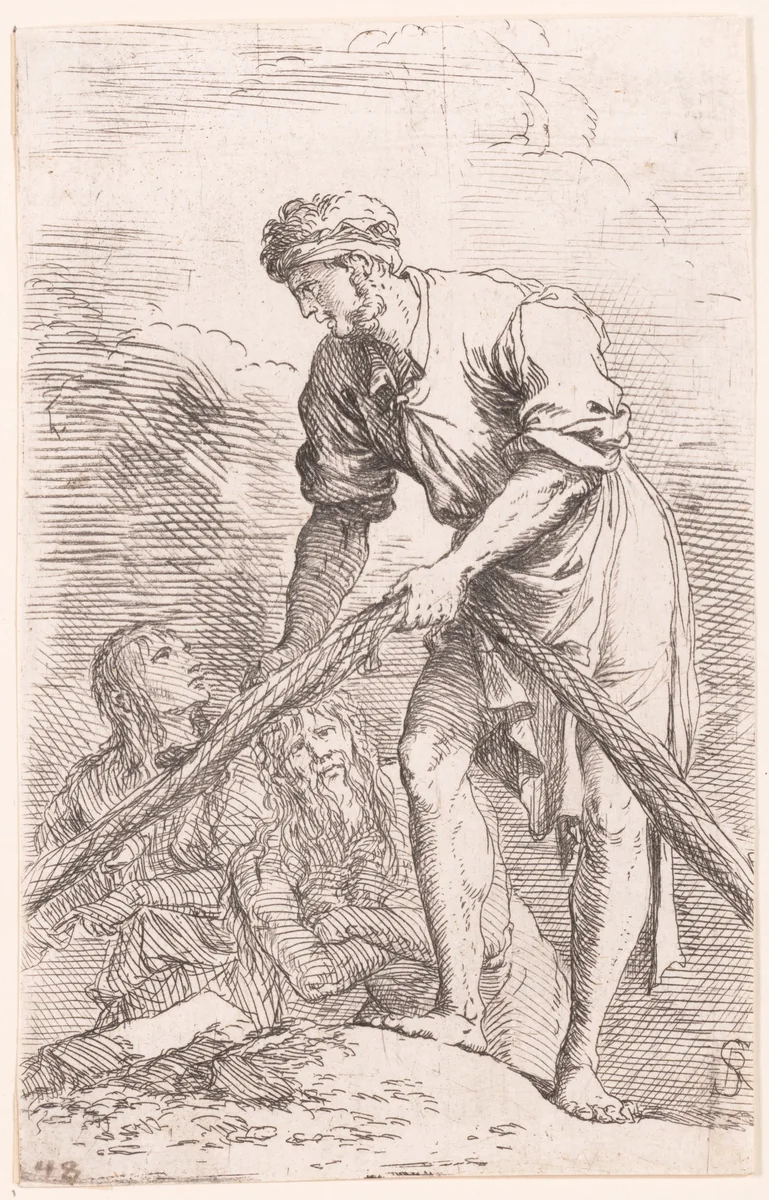 A man pulling a net with two figures behind him, from "Figurine" by Salvator Rosa, print, 1651-1661