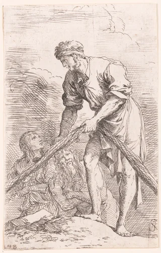 A man pulling a net with two figures behind him, from "Figurine" by Salvator Rosa, print, 1651-1661