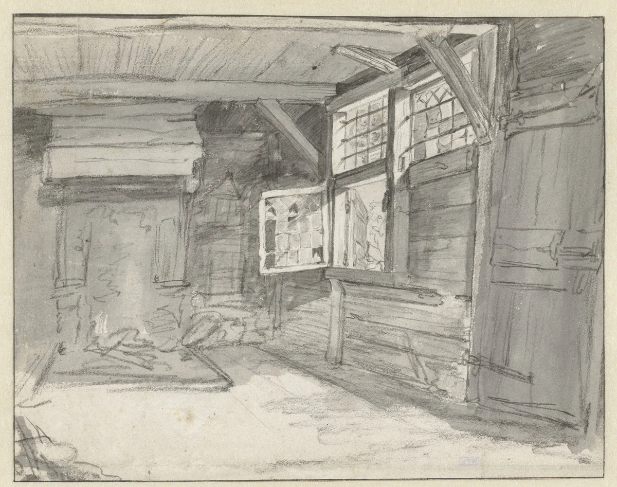 Interieur van een eenvoudige houten woning by Frans van Mieris, drawing, 1645-1681
