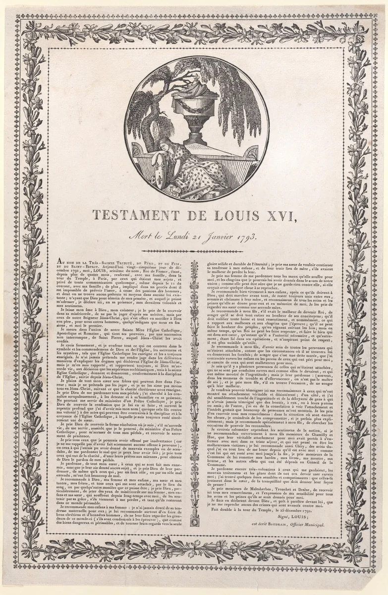 The last words of Louis XVI (Testament de Louis XVI) by anonymous, print, 1793-1800