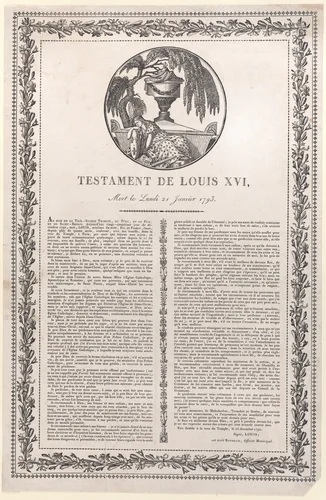 The last words of Louis XVI (Testament de Louis XVI) by anonymous, print, 1793-1800