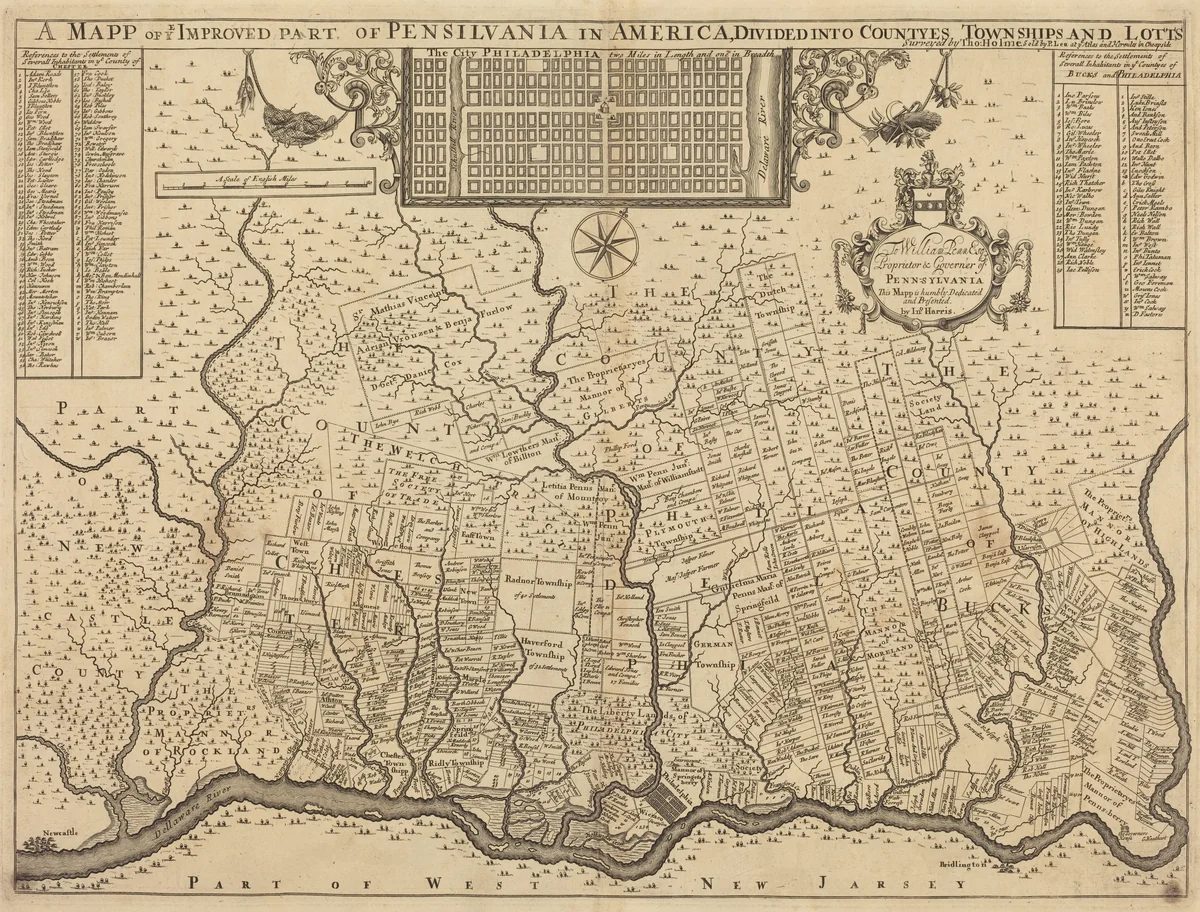 A mapp of ye improved part of Pensilvania in America, divided into countyes, townships and lotts by Thomas Holme, print, 1687