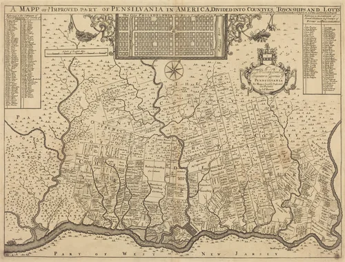 A mapp of ye improved part of Pensilvania in America, divided into countyes, townships and lotts by Thomas Holme, print, 1687