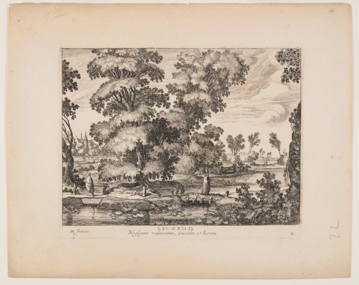 The Priest Passing the Man, from Landscapes with the Story of the Good Samaritan by Simon Frisius, print, 1600-1620