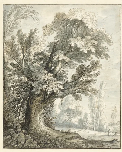 Landscape with a Tall Tree by Marten de Cock, drawing, 1634
