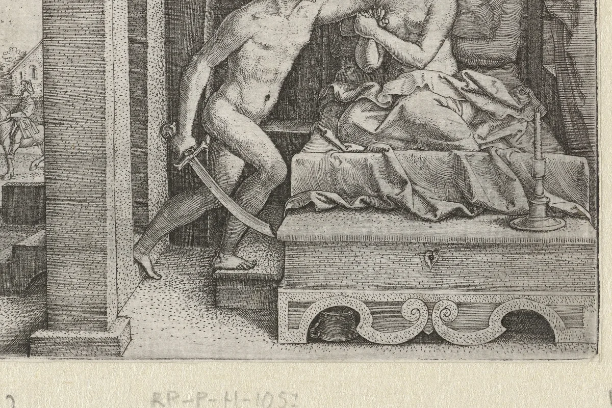 Sextus verkracht Lucretia onder bedreiging met zwaard by Unknown, print, 1546-1547