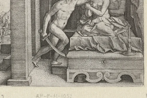 Sextus verkracht Lucretia onder bedreiging met zwaard by Unknown, print, 1546-1547